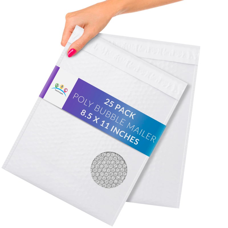 ABC PACK & SUPPLY Poly Bubble Mailers, 8.5 x 11 Inch. Pack of 25 White Padded Envelopes Self Seal. Tear-Proof Gift Bubble Envelopes. Waterproof Packaging for Small Business. Cushioning Book Mailers - Image 1